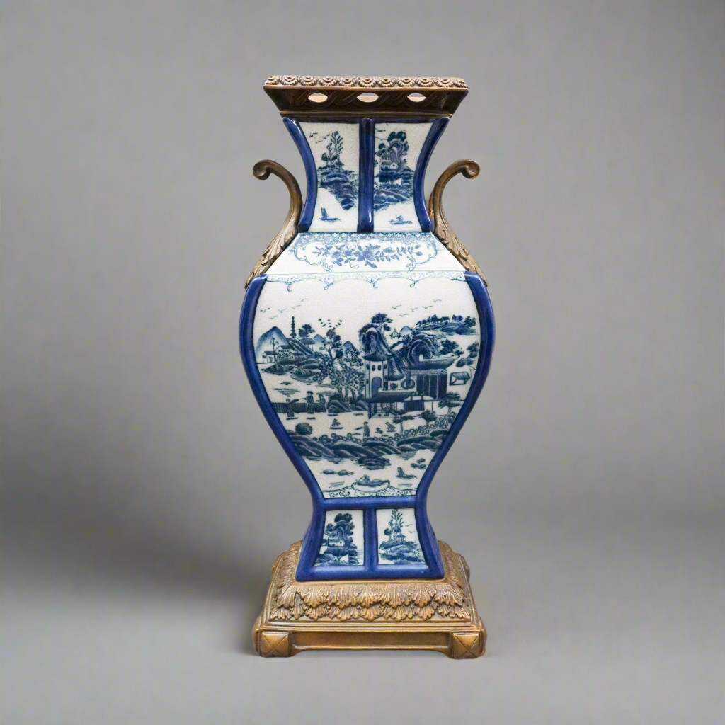 Castilian Vintage Chinese Blue White Porcelain Bronze Ormolu Large Urn Vase 18"