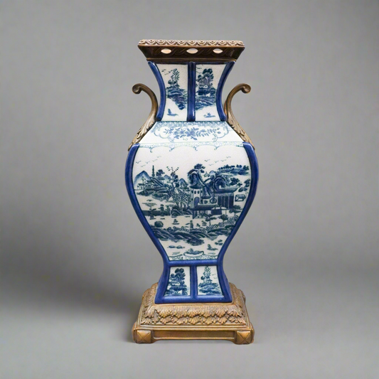 Castilian Vintage Chinese Blue White Porcelain Bronze Ormolu Large Urn Vase 18"