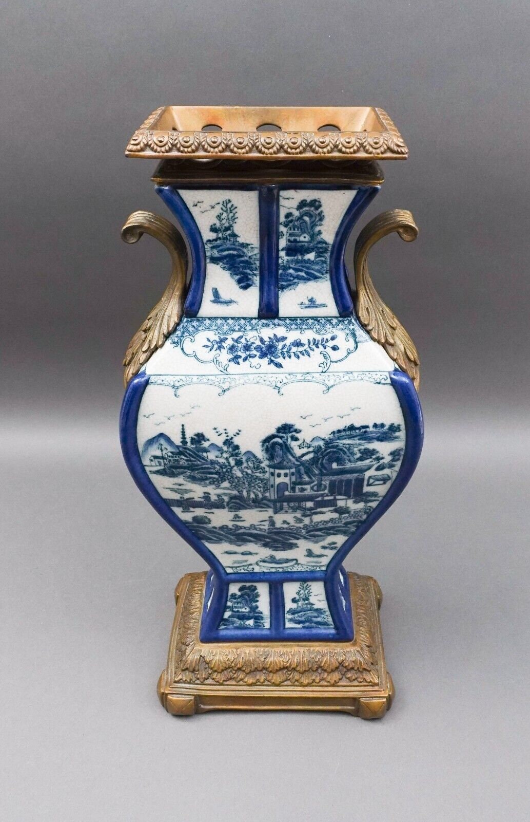 Castilian Vintage Chinese Blue White Porcelain Bronze Ormolu Large Urn Vase 18"