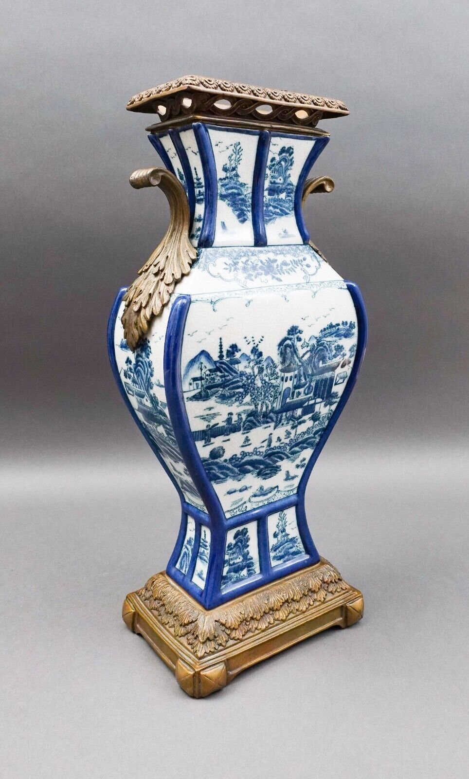 Castilian Vintage Chinese Blue White Porcelain Bronze Ormolu Large Urn Vase 18"