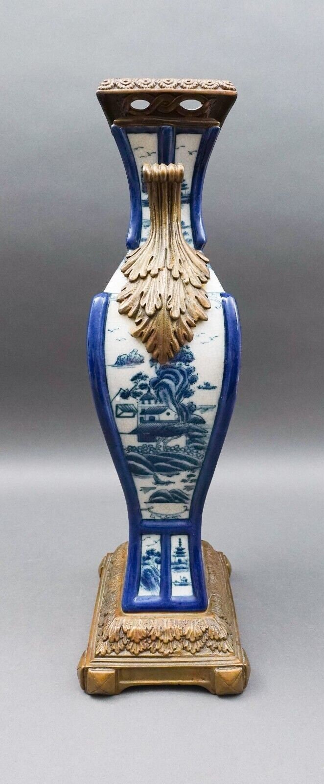 Castilian Vintage Chinese Blue White Porcelain Bronze Ormolu Large Urn Vase 18"