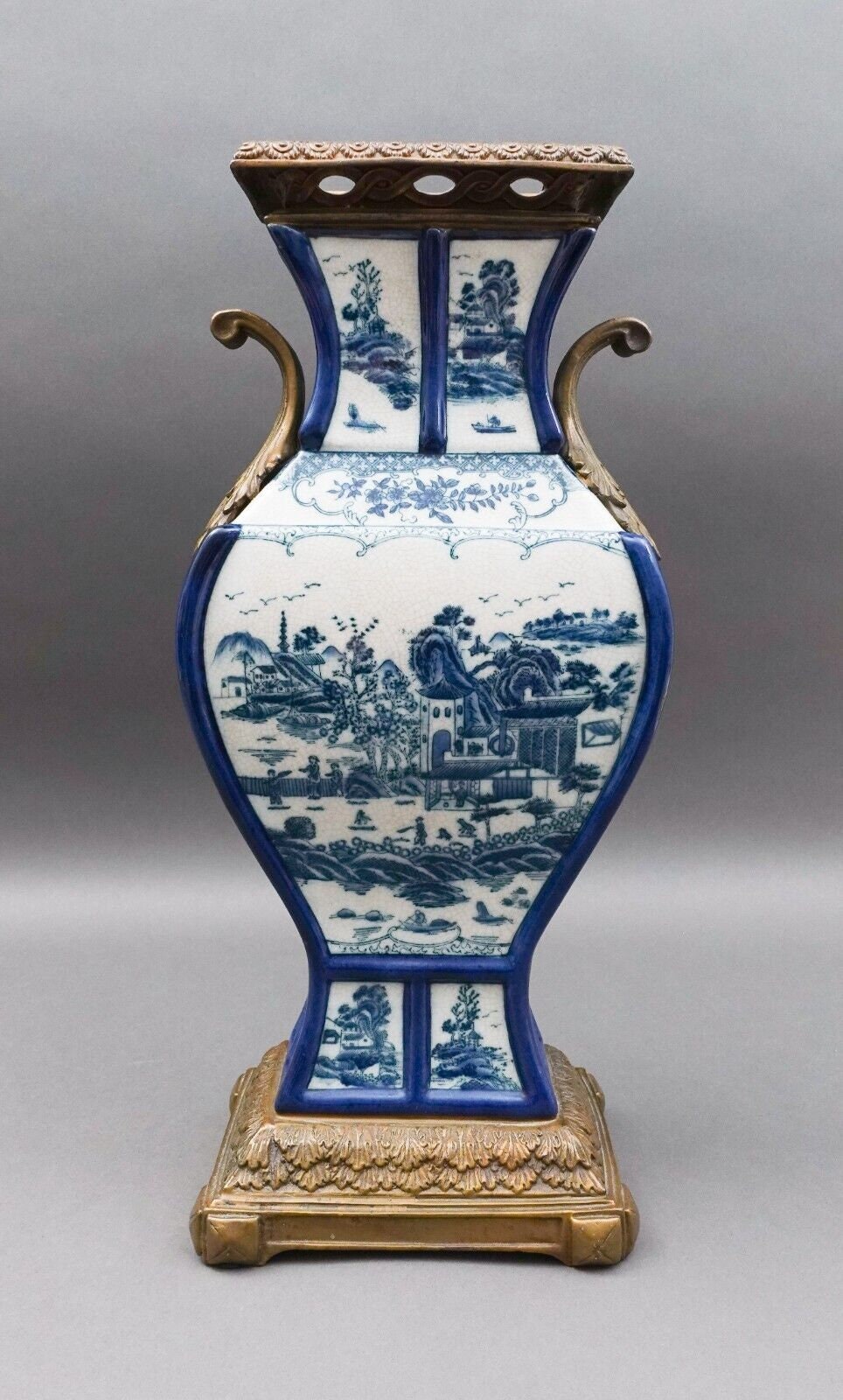 Castilian Vintage Chinese Blue White Porcelain Bronze Ormolu Large Urn Vase 18"