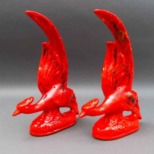 California Originals Pottery Pair Of Vintage MCM Red Lava Glazed Fire Birds