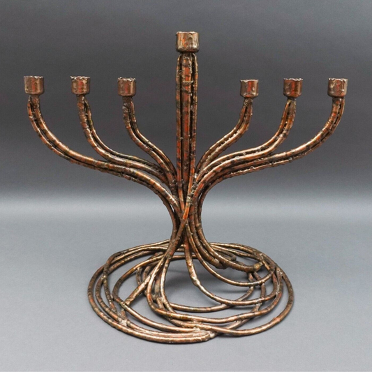 Roy R Butler Signed 1988 Brutalist Copper Judaica Hanukkah Menorah Sculpture 14"