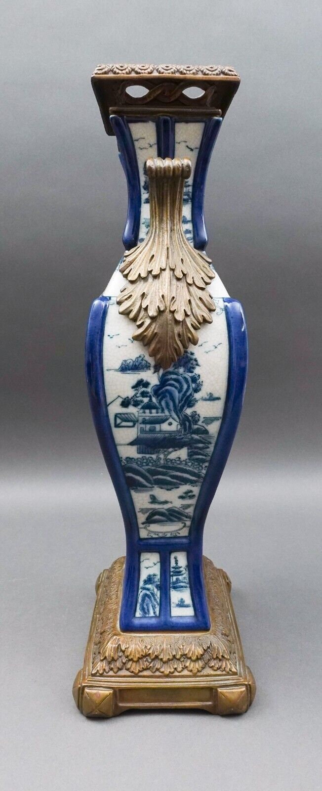 Castilian Vintage Chinese Blue White Porcelain Bronze Ormolu Large Urn Vase 18"