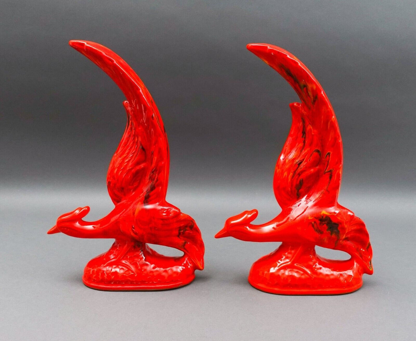 California Originals Pottery Pair Of Vintage MCM Red Lava Glazed Fire Birds