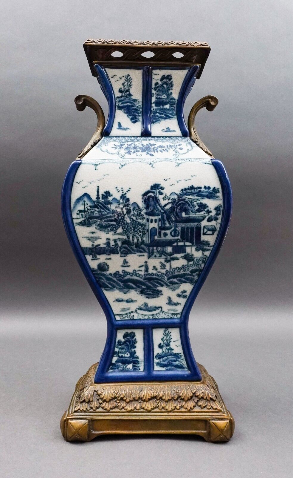 Castilian Vintage Chinese Blue White Porcelain Bronze Ormolu Large Urn Vase 18"
