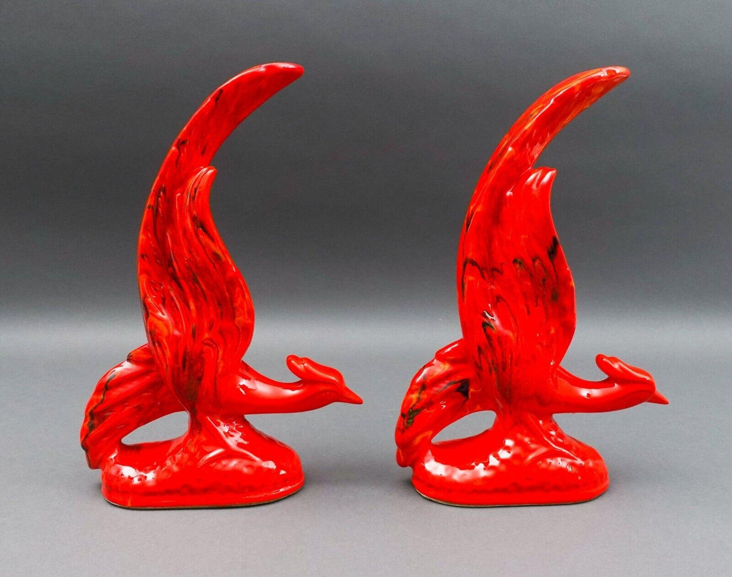California Originals Pottery Pair Of Vintage MCM Red Lava Glazed Fire Birds