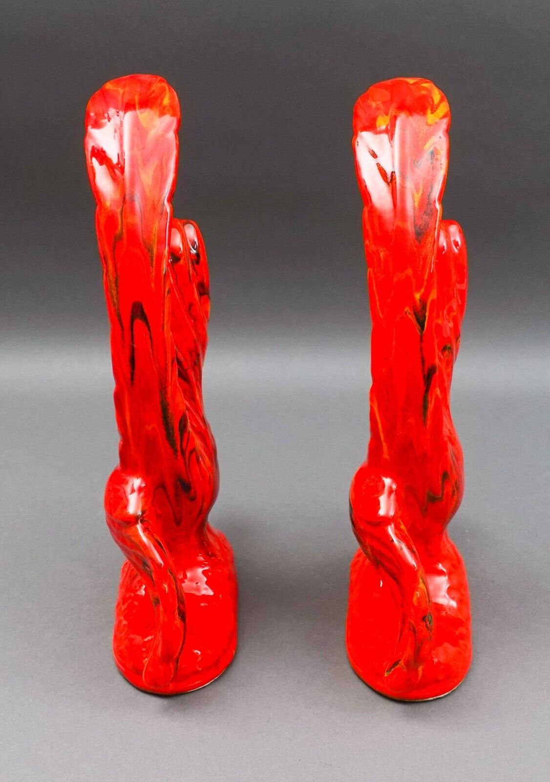 California Originals Pottery Pair Of Vintage MCM Red Lava Glazed Fire Birds
