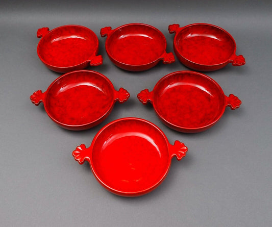 Peasant Village PV Italy Signed Red Cabbage Pottery Handled Lug Bowls Set Of 6