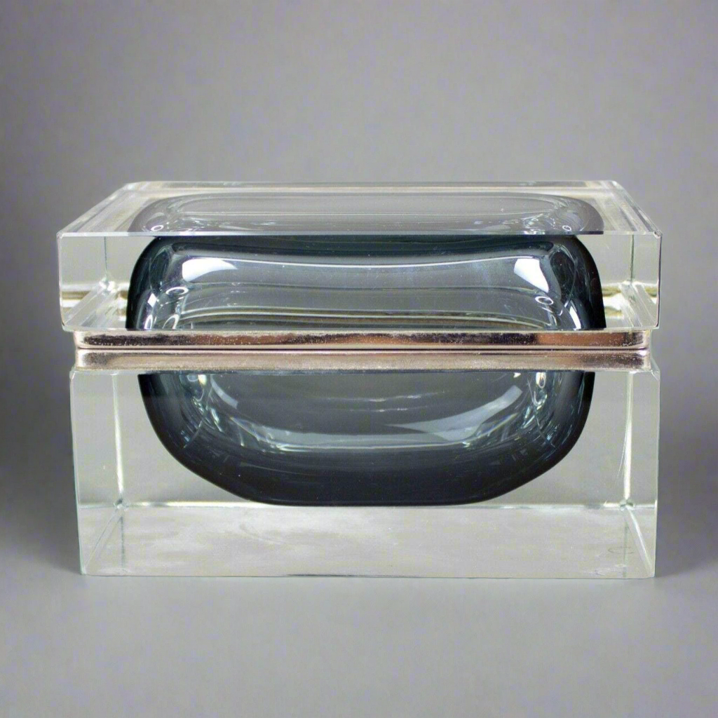 Mandruzzato Murano Italy Sommerso Smoke Gray Art Glass Trinket Jewel Box Vintage