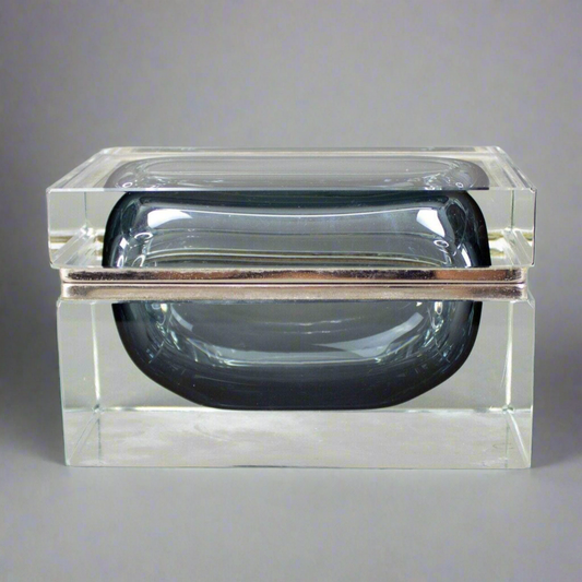 Mandruzzato Murano Italy Sommerso Smoke Gray Art Glass Trinket Jewel Box Vintage