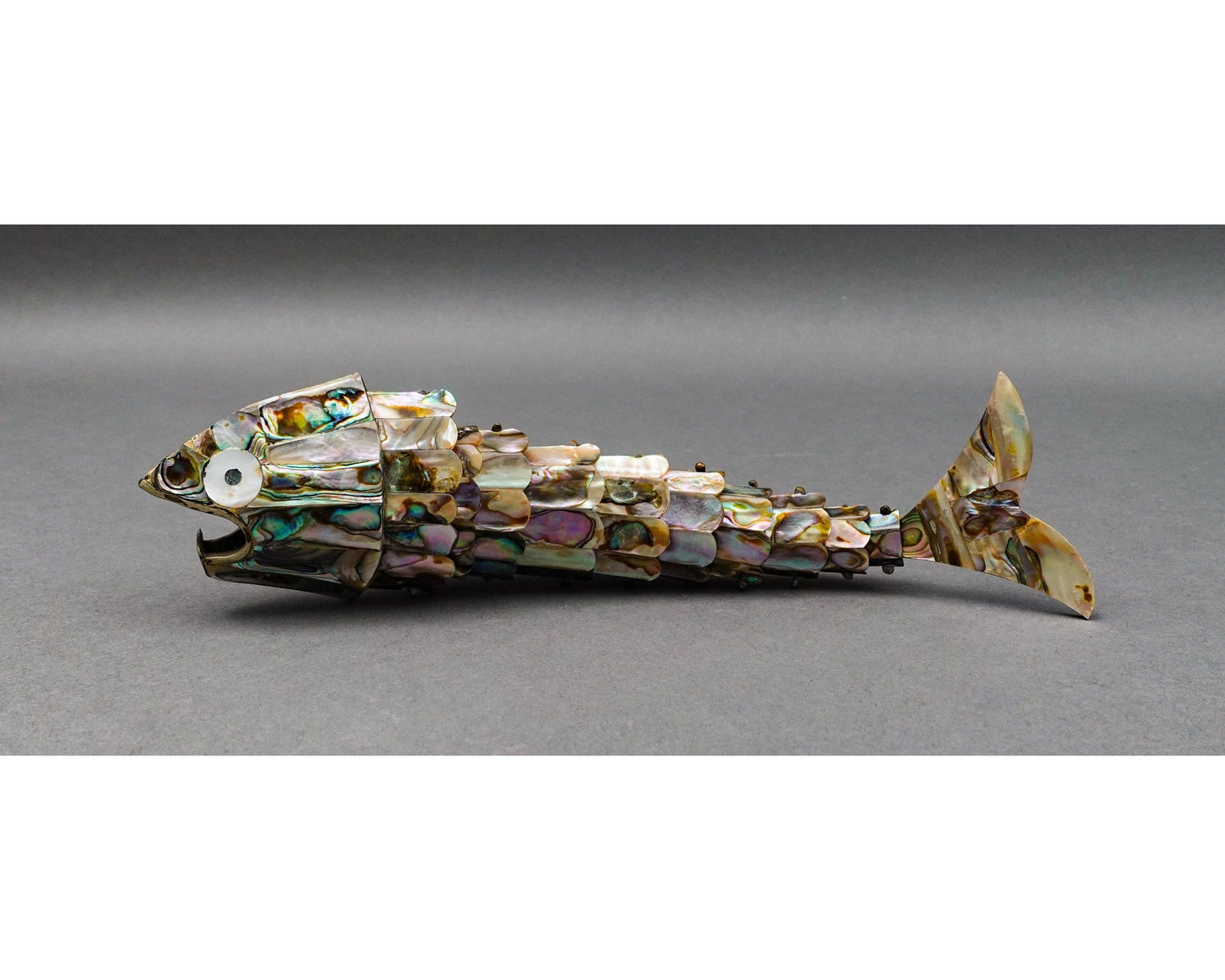 Mexican Vintage Mother Of Pearl Abalone Articulated Fish Bottle Opener 9 7/8"