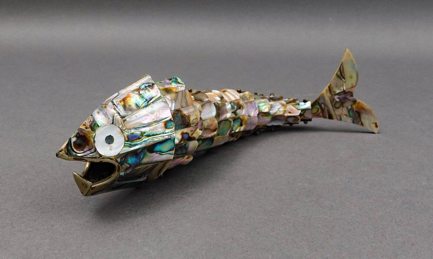 Mexican Vintage Mother Of Pearl Abalone Articulated Fish Bottle Opener 9 7/8"