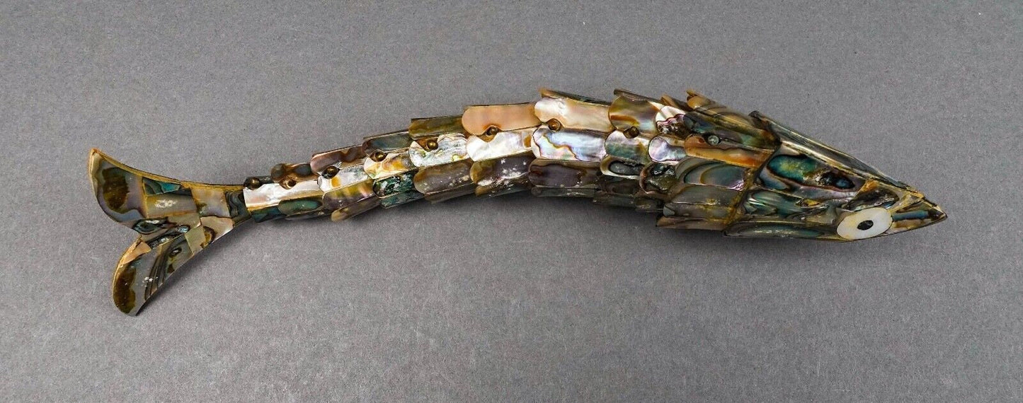 Mexican Vintage Mother Of Pearl Abalone Articulated Fish Bottle Opener 9 7/8"