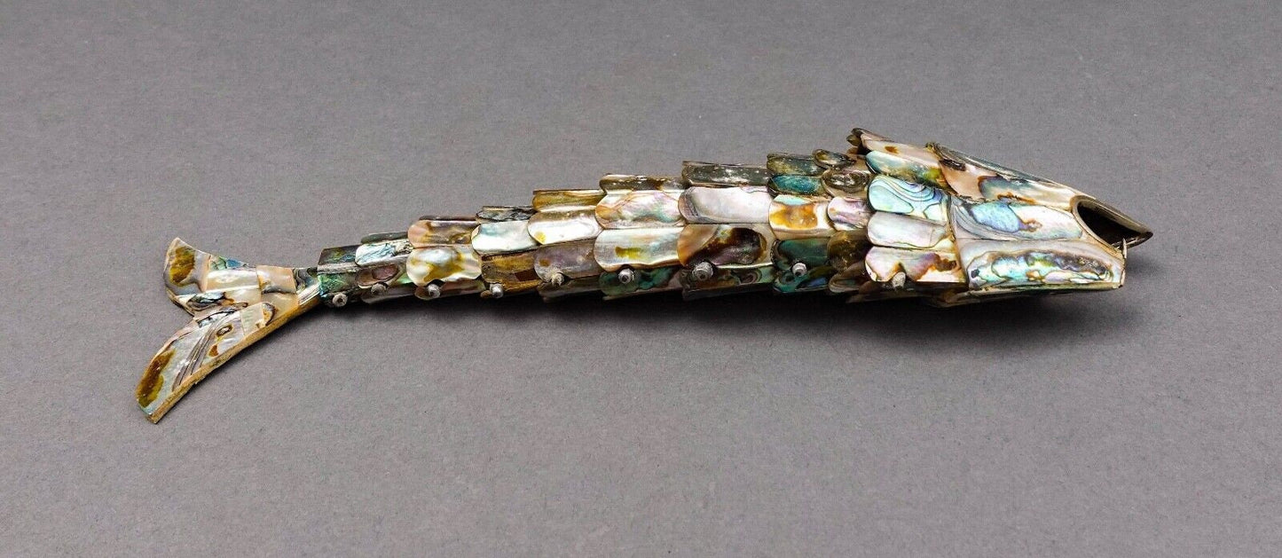 Mexican Vintage Mother Of Pearl Abalone Articulated Fish Bottle Opener 9 7/8"