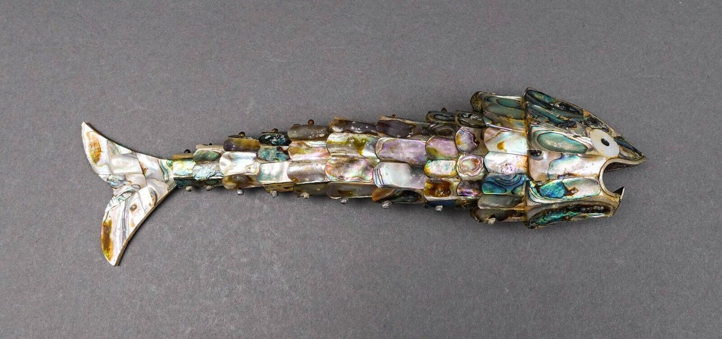 Mexican Vintage Mother Of Pearl Abalone Articulated Fish Bottle Opener 9 7/8"