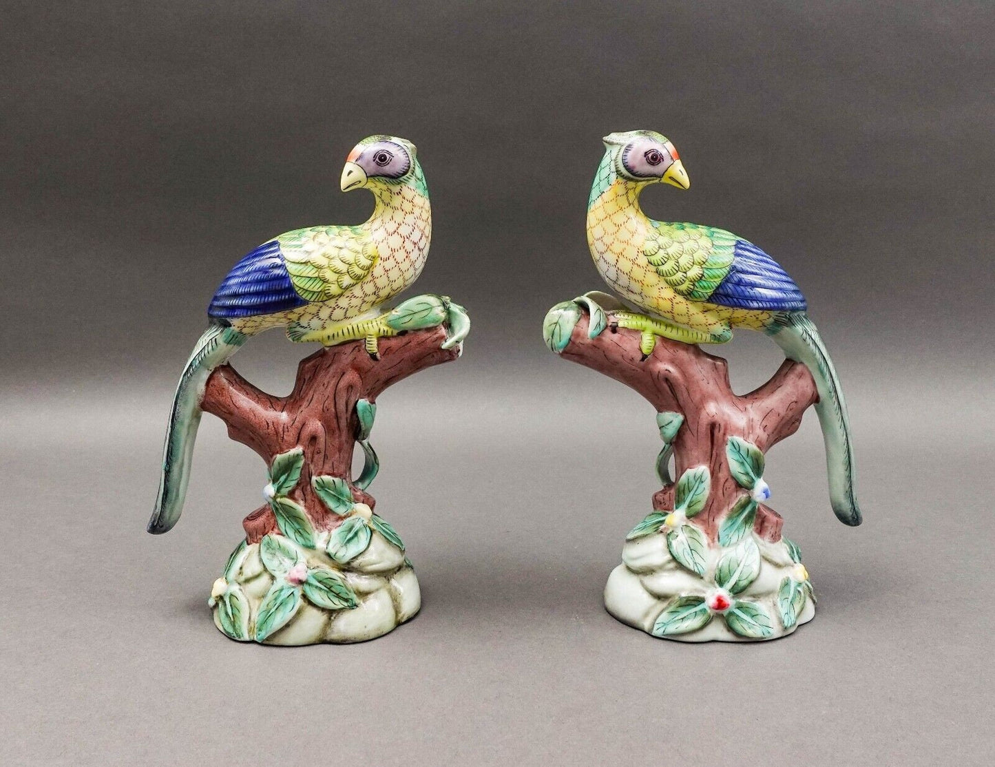 Pair Parrot Pheonix Peacock Pheasant Bird Pottery Figurine Book Sculpture (Read)