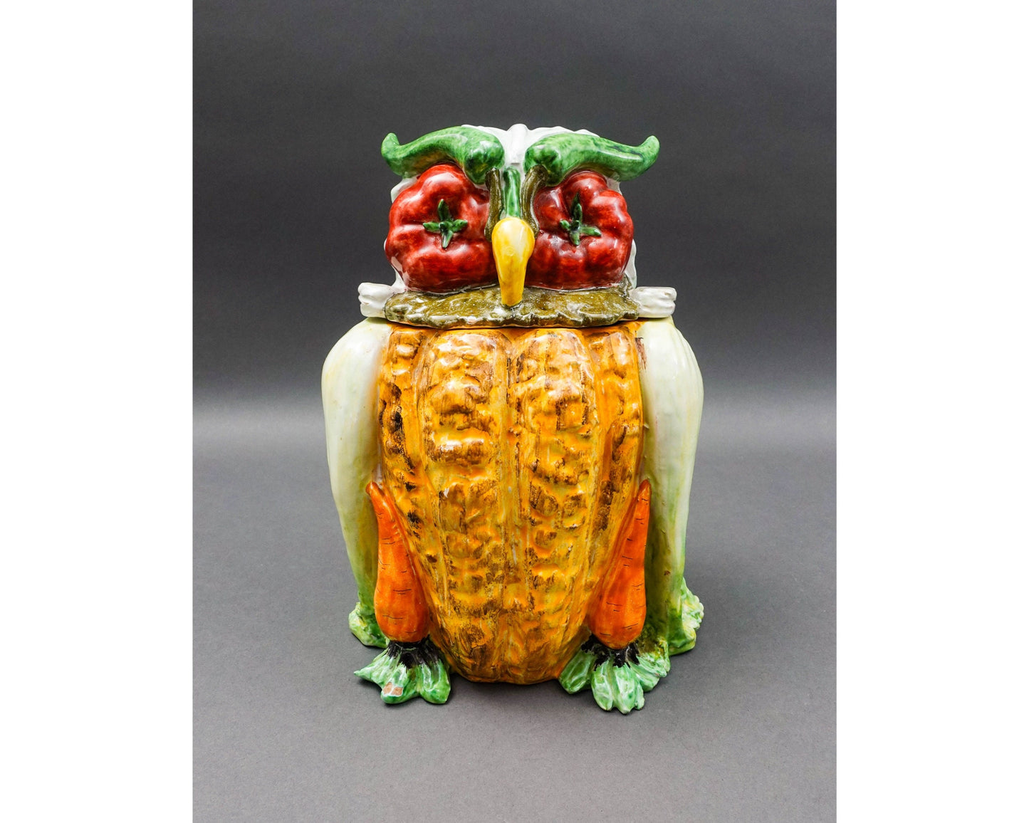Vintage Italian Majolica Vegetables Owl Art Pottery Cookie Jar Canister (Read)