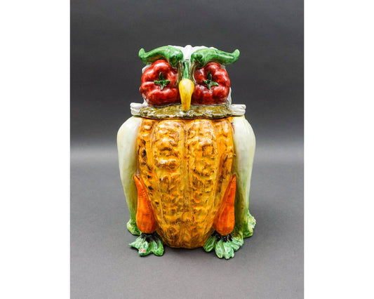 Vintage Italian Majolica Vegetables Owl Art Pottery Cookie Jar Canister (Read)