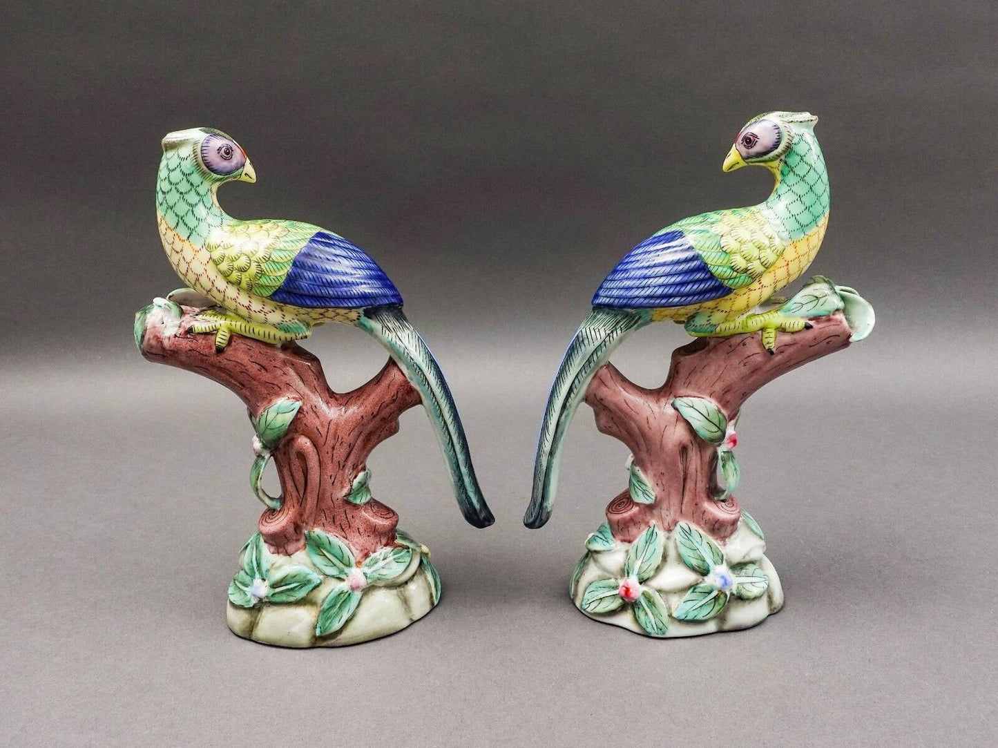 Pair Parrot Pheonix Peacock Pheasant Bird Pottery Figurine Book Sculpture (Read)