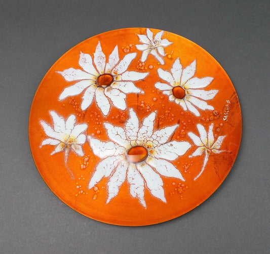 Sasha Brastoff California MCM Floral Daisies Enamel On Copper Hanging Plate 13"