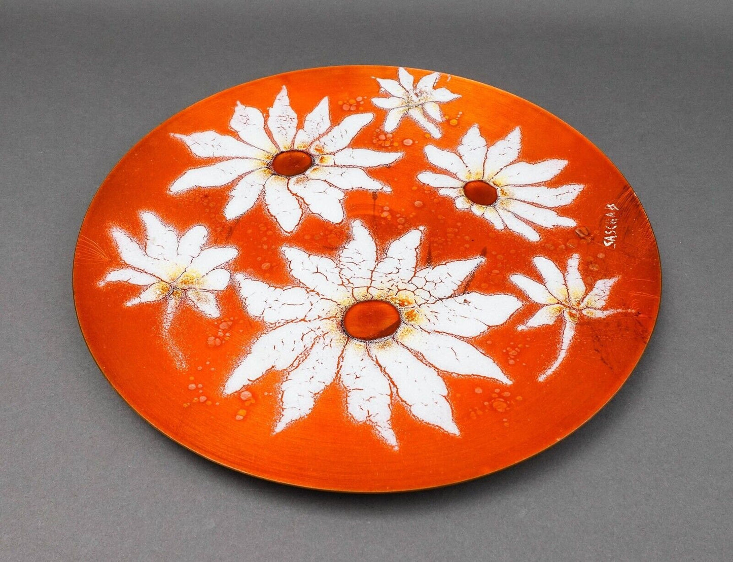 Sasha Brastoff California MCM Floral Daisies Enamel On Copper Hanging Plate 13"