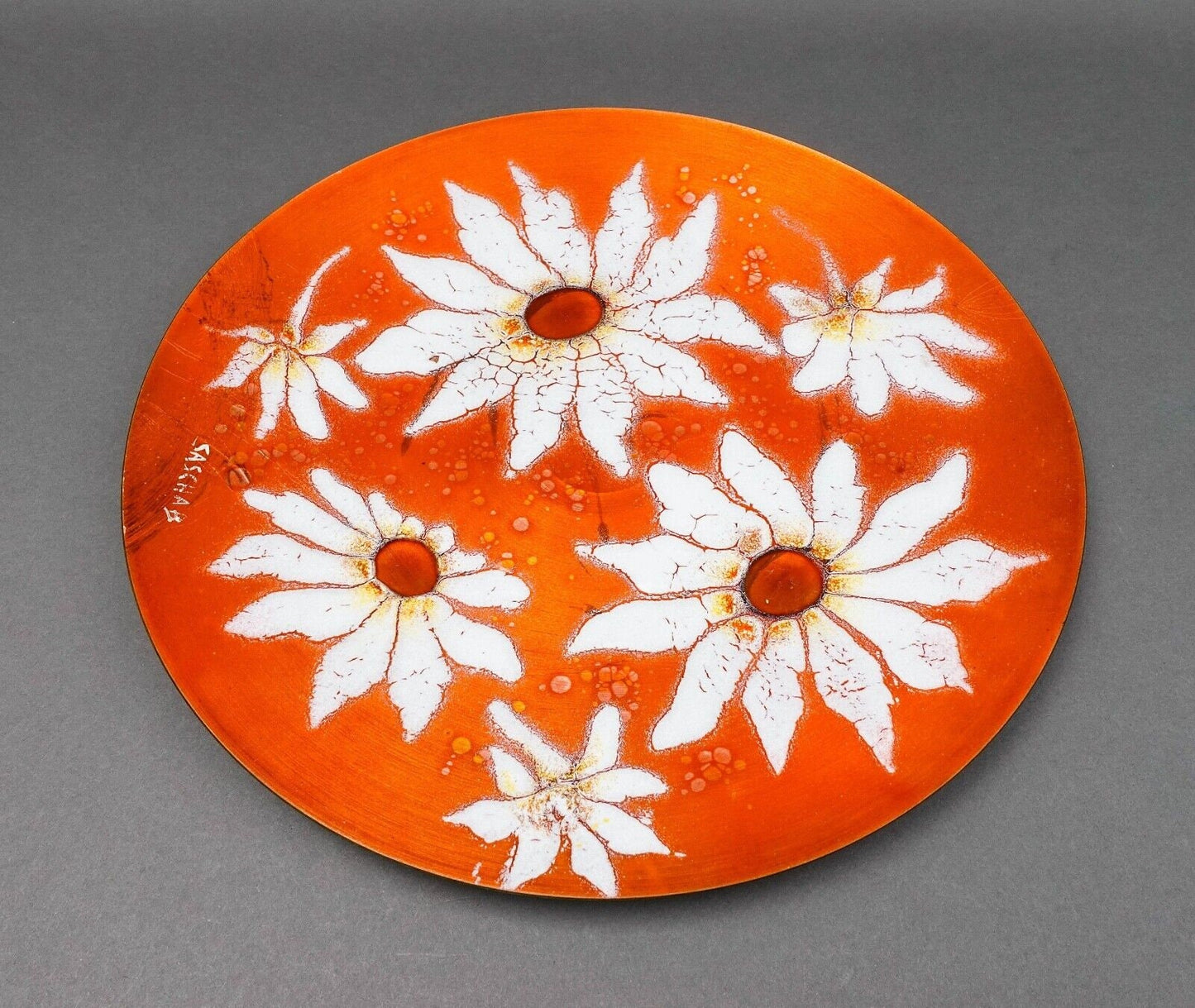 Sasha Brastoff California MCM Floral Daisies Enamel On Copper Hanging Plate 13"