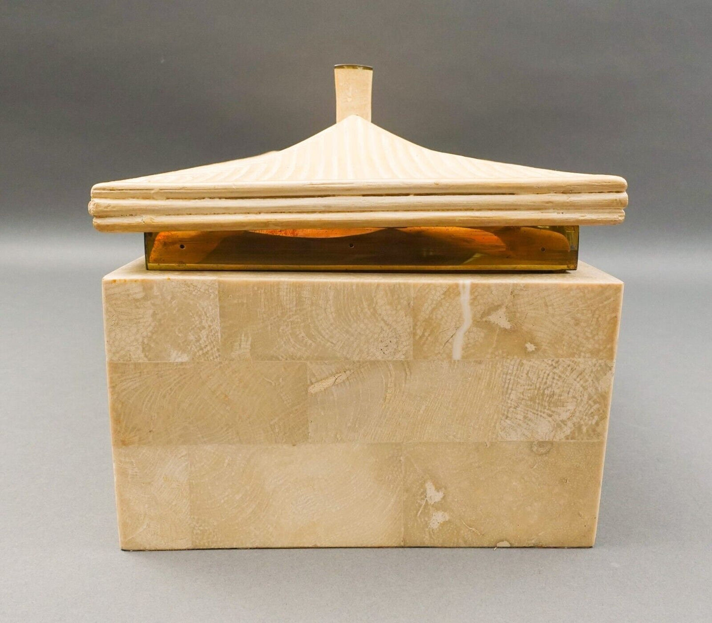 Maitland Smith Large Rattan Tessellated Stone Brass Jewelry Storage Pagoda Box