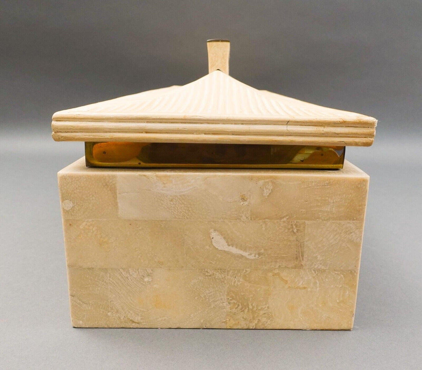 Maitland Smith Large Rattan Tessellated Stone Brass Jewelry Storage Pagoda Box