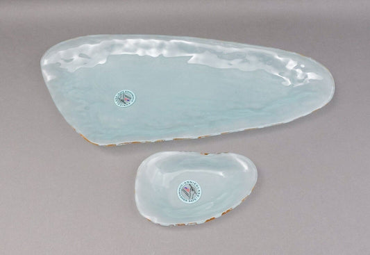 Annieglass Signed Tiburon Coquina Shell Series Art Glass Gold Rim Tray Set Of 2