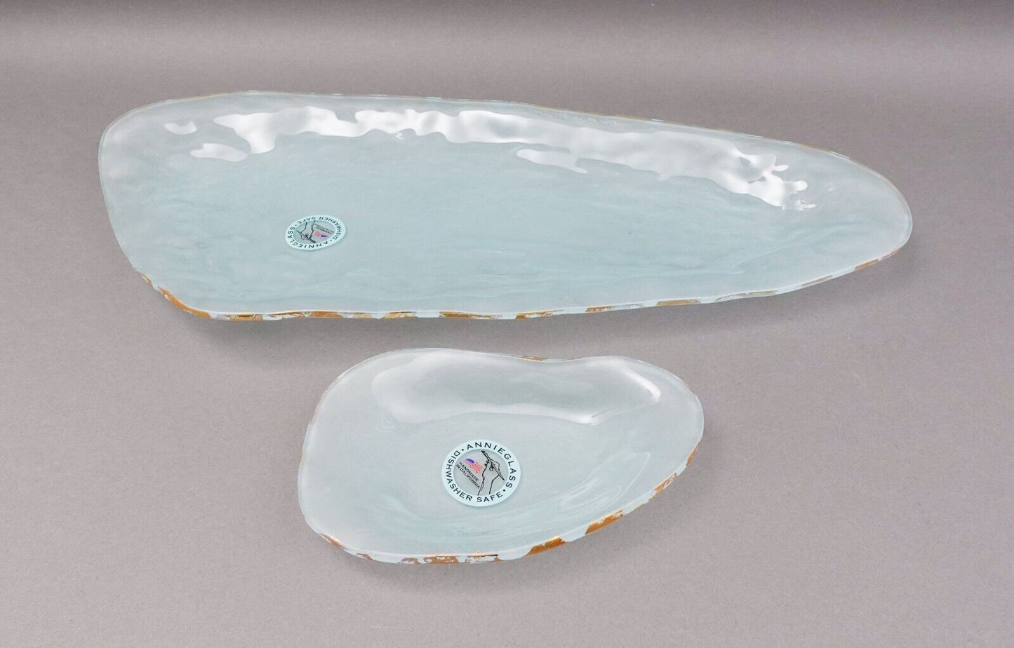 Annieglass Signed Tiburon Coquina Shell Series Art Glass Gold Rim Tray Set Of 2