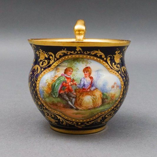Meissen Antique Cobalt Blue Gold Hand Painted Couple Porcelain Tea Cup (Read)