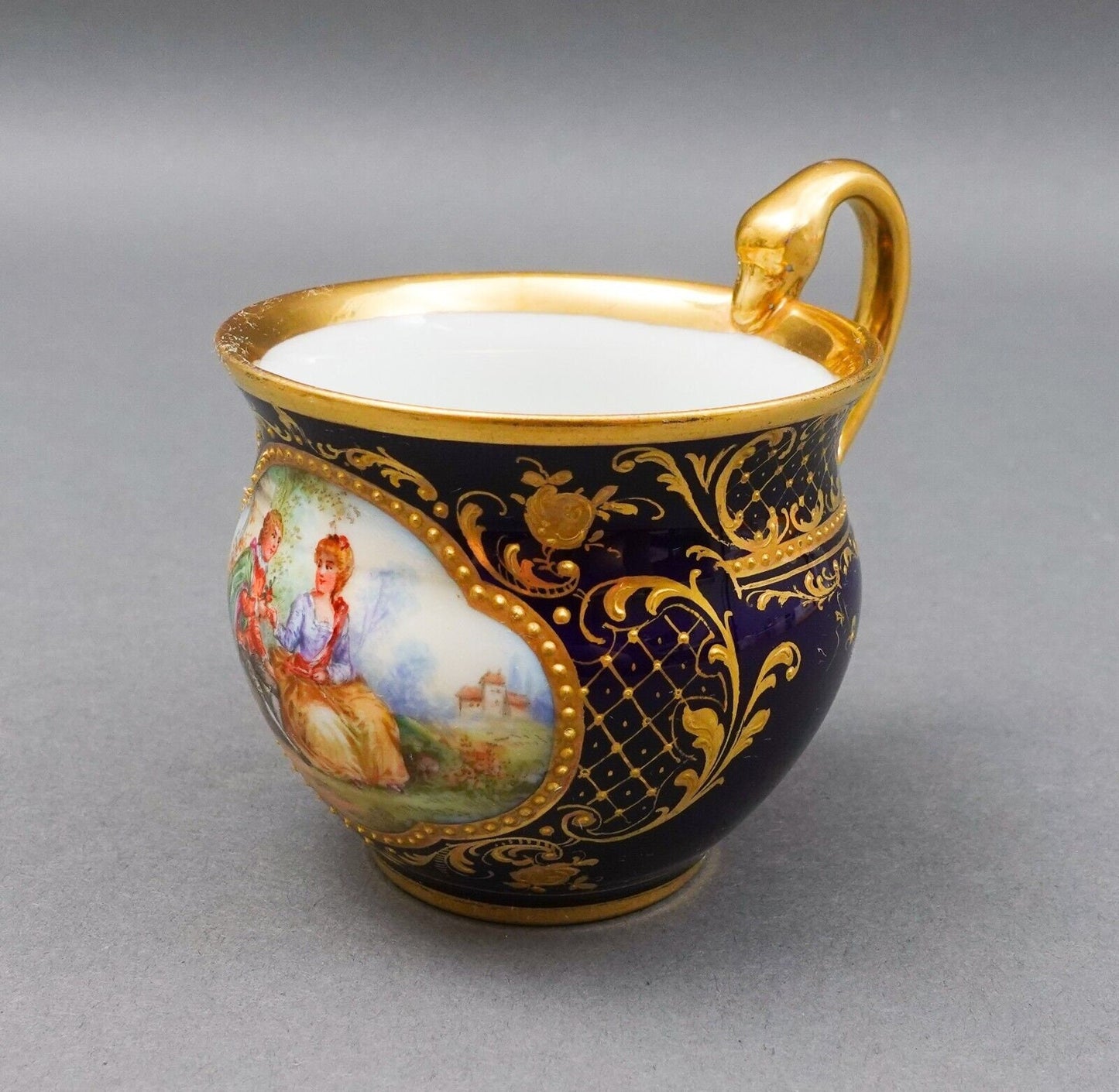 Meissen Antique Cobalt Blue Gold Hand Painted Couple Porcelain Tea Cup (Read)