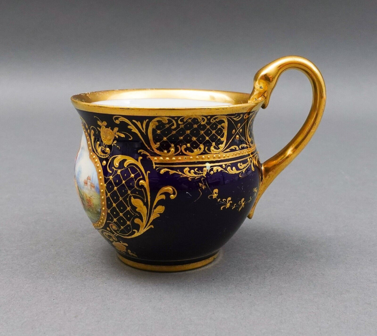 Meissen Antique Cobalt Blue Gold Hand Painted Couple Porcelain Tea Cup (Read)