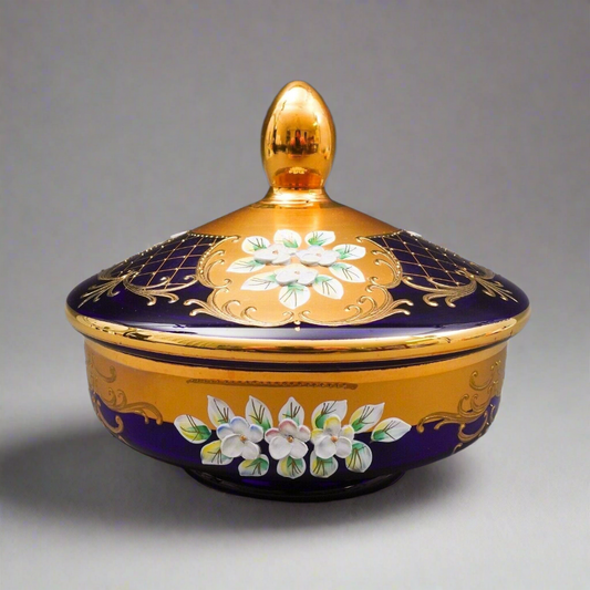 Egermann Czech Bohemian Cobalt Blue 24K Gold Enamel Lidded Bowl Dish Trinket Box