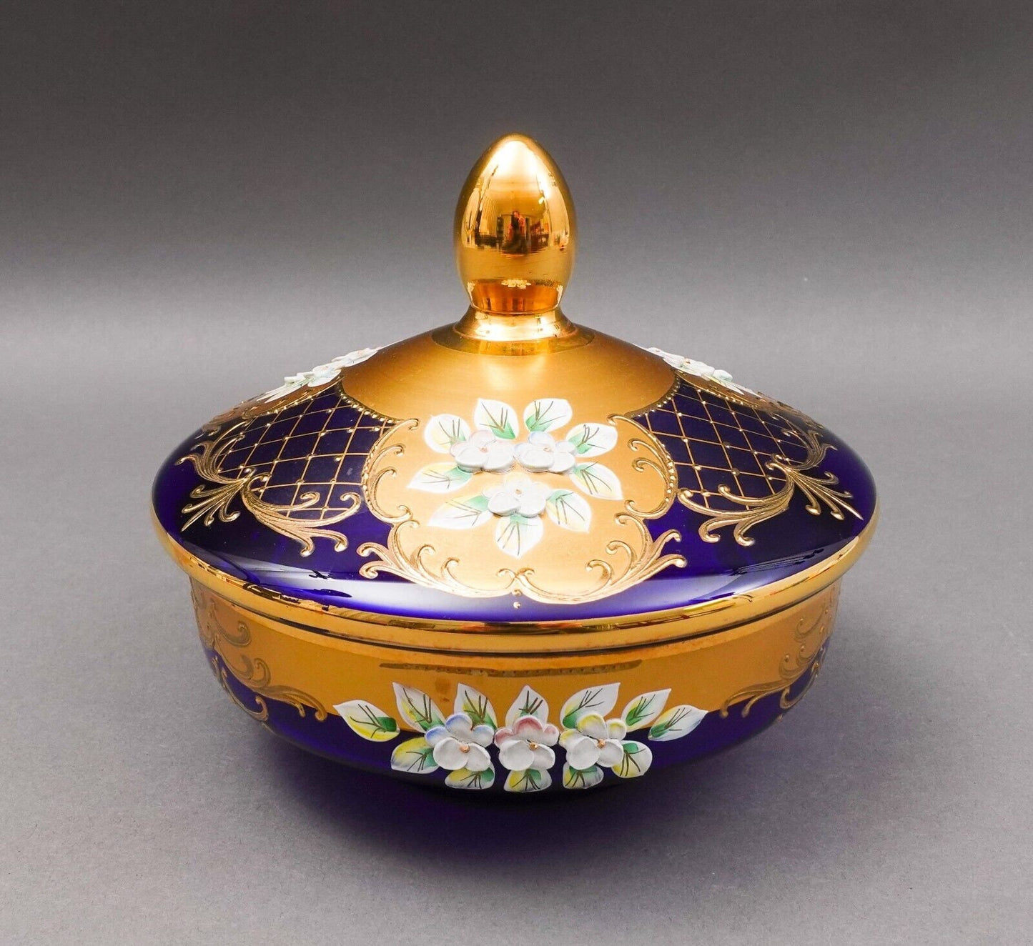 Egermann Czech Bohemian Cobalt Blue 24K Gold Enamel Lidded Bowl Dish Trinket Box