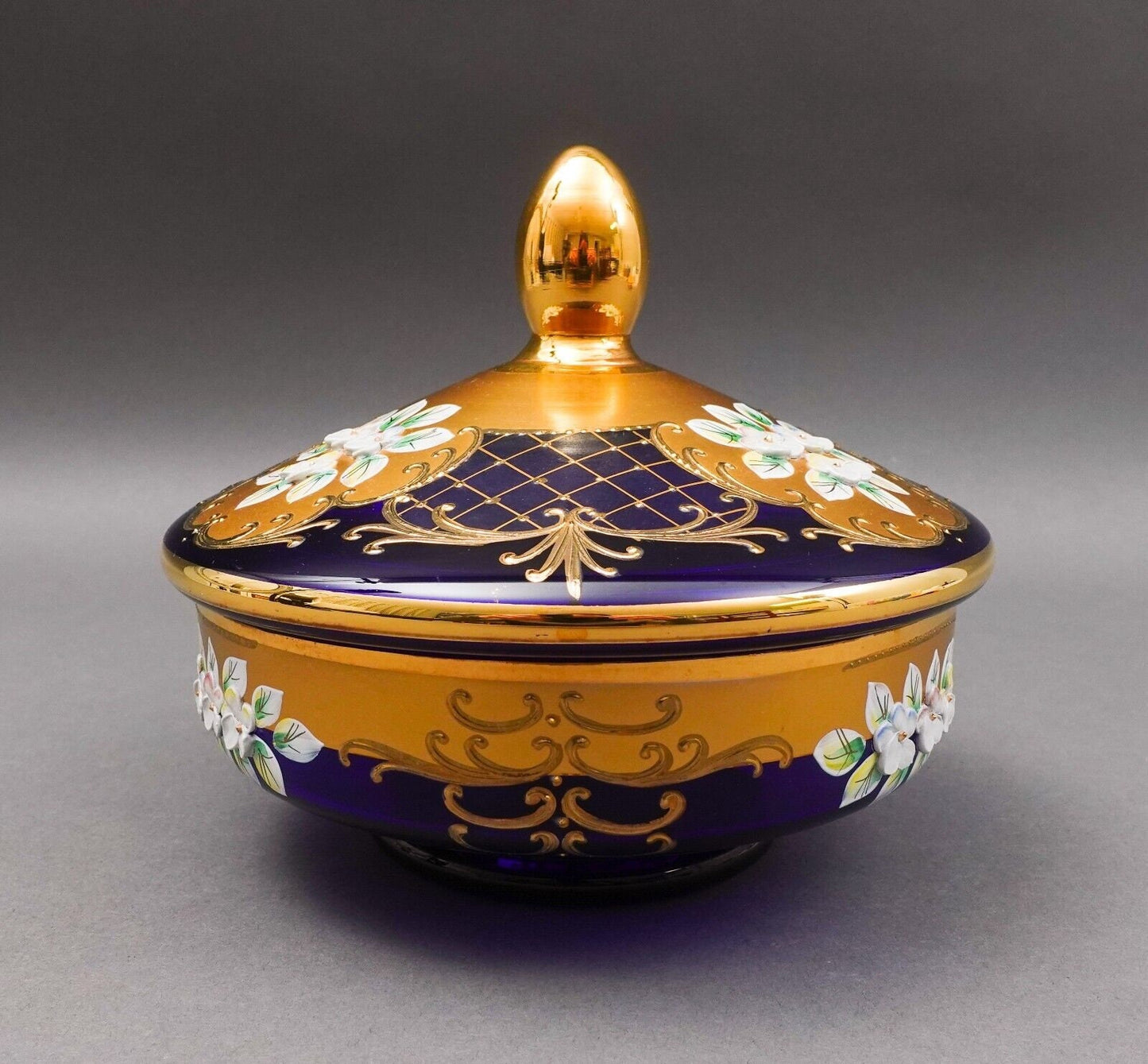 Egermann Czech Bohemian Cobalt Blue 24K Gold Enamel Lidded Bowl Dish Trinket Box