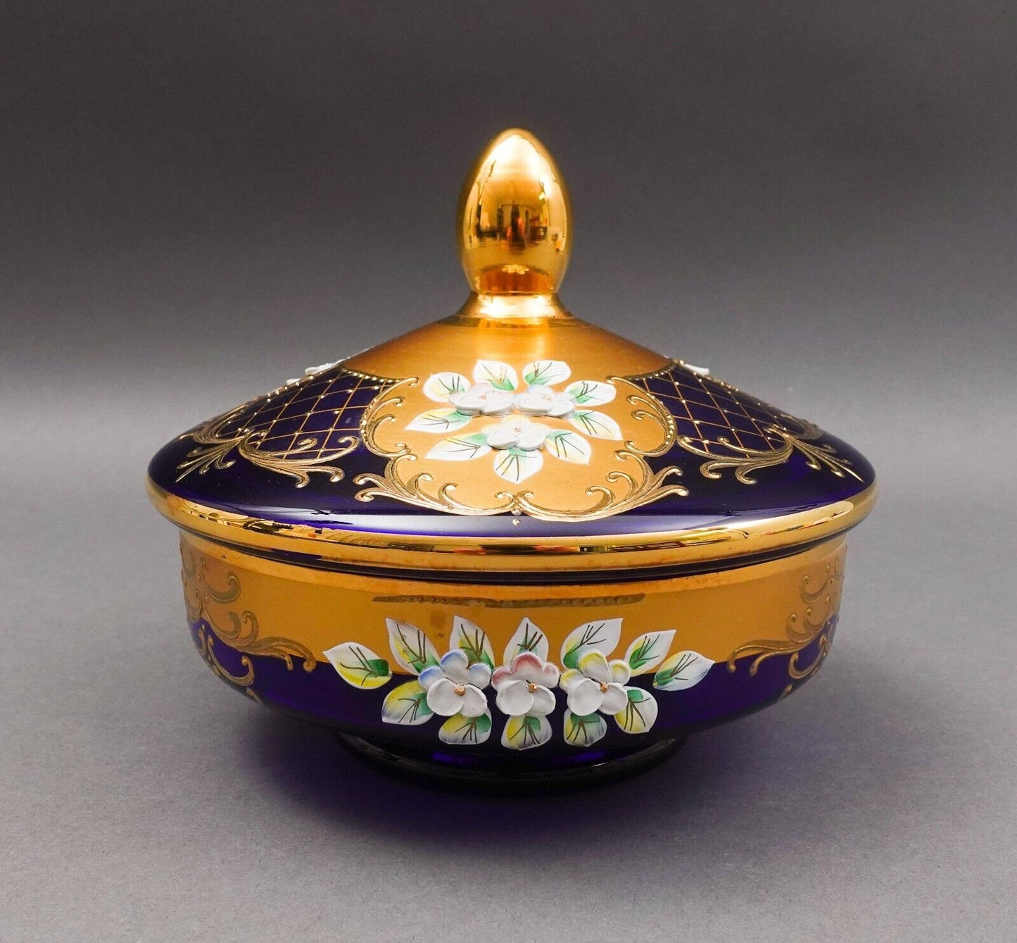 Egermann Czech Bohemian Cobalt Blue 24K Gold Enamel Lidded Bowl Dish Trinket Box