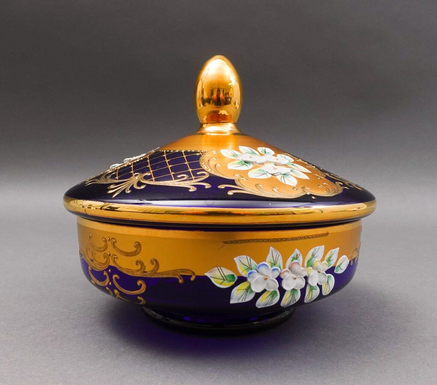 Egermann Czech Bohemian Cobalt Blue 24K Gold Enamel Lidded Bowl Dish Trinket Box