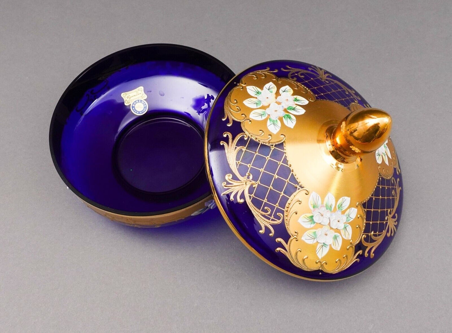 Egermann Czech Bohemian Cobalt Blue 24K Gold Enamel Lidded Bowl Dish Trinket Box