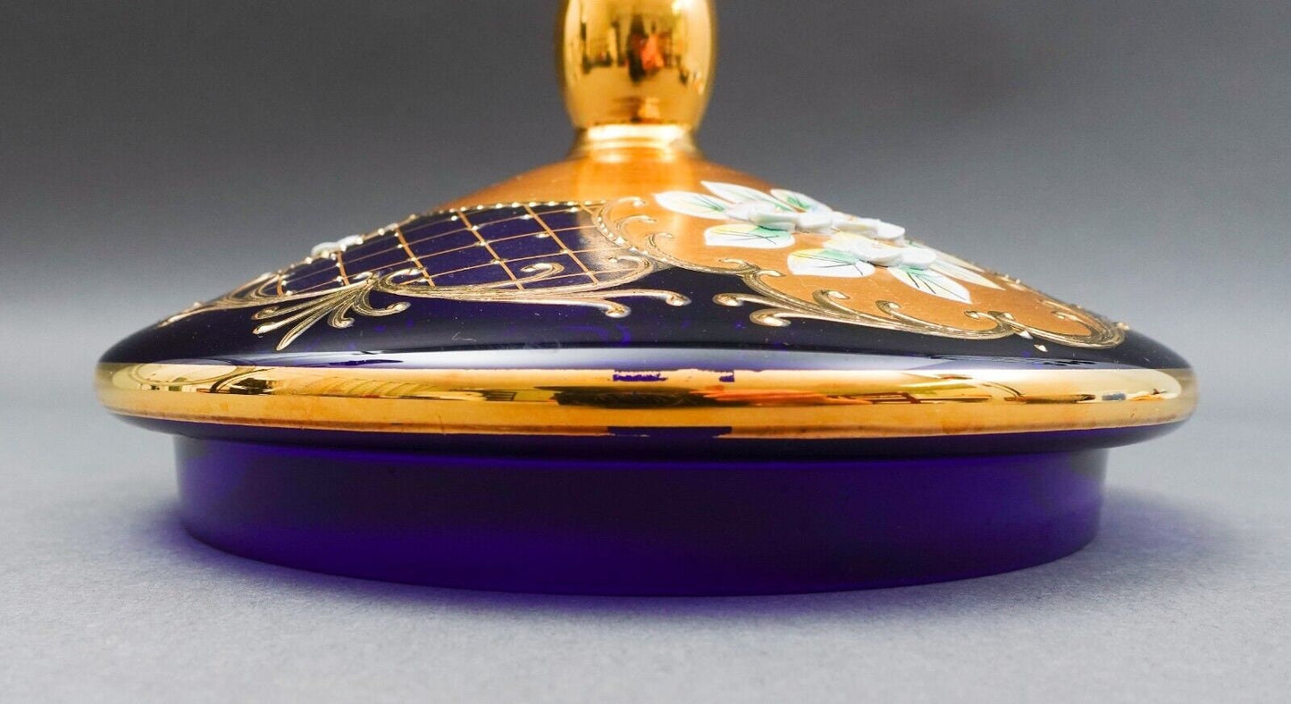 Egermann Czech Bohemian Cobalt Blue 24K Gold Enamel Lidded Bowl Dish Trinket Box