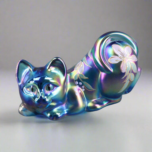 Fenton S. Hopkins Hand Painted Floral Blue Carnival Glass Pouncing Cat Figurine