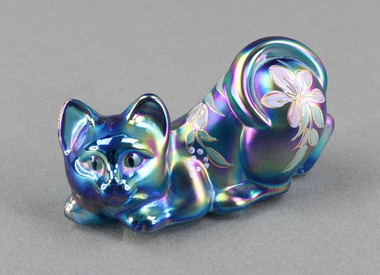 Fenton S. Hopkins Hand Painted Floral Blue Carnival Glass Pouncing Cat Figurine
