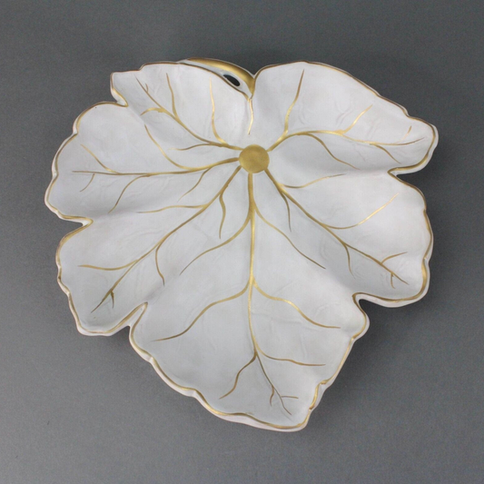 Italian Vintage MCM White Leaf Gold Trim Dish Tray Pottery Signed Italy 90/869/5