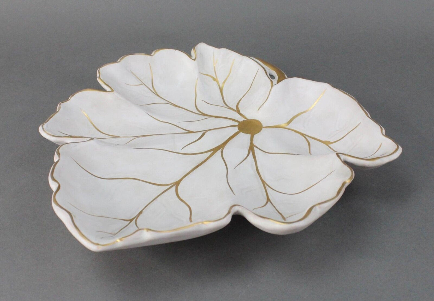 Italian Vintage MCM White Leaf Gold Trim Dish Tray Pottery Signed Italy 90/869/5