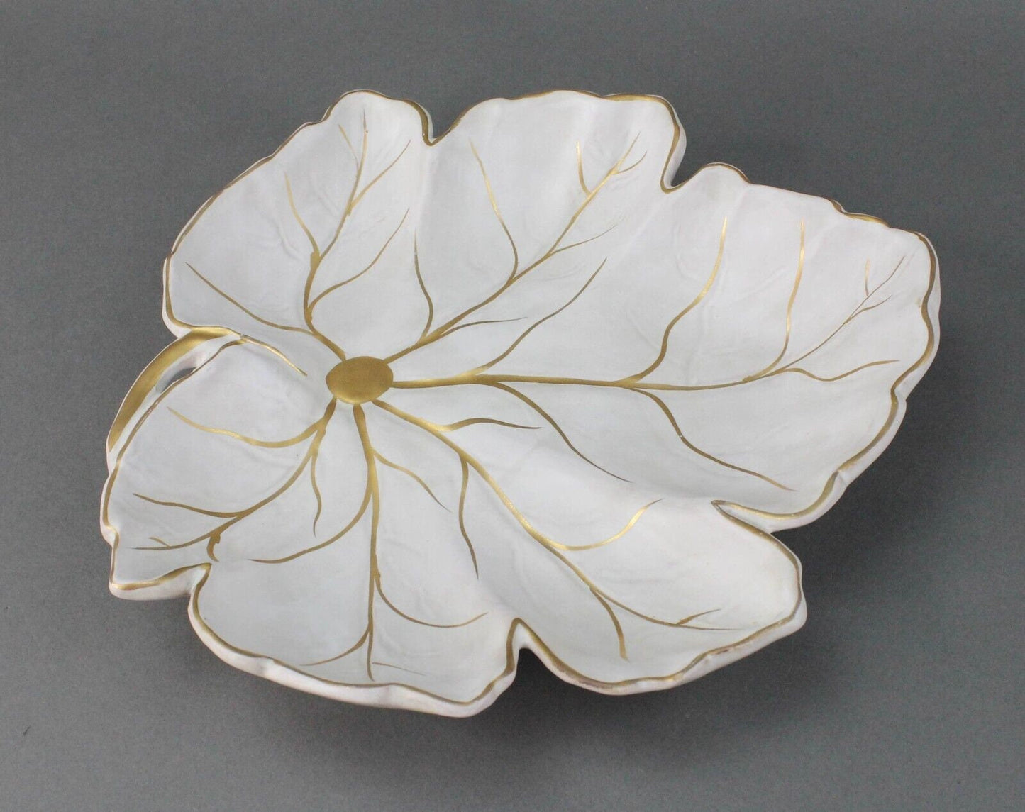 Italian Vintage MCM White Leaf Gold Trim Dish Tray Pottery Signed Italy 90/869/5