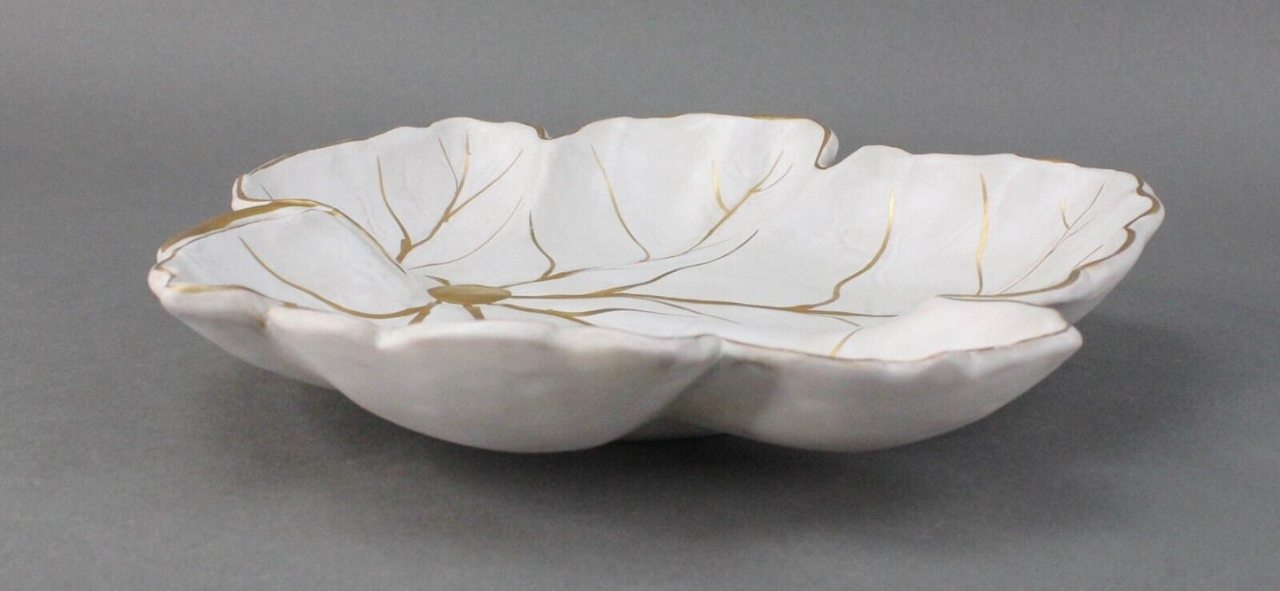Italian Vintage MCM White Leaf Gold Trim Dish Tray Pottery Signed Italy 90/869/5