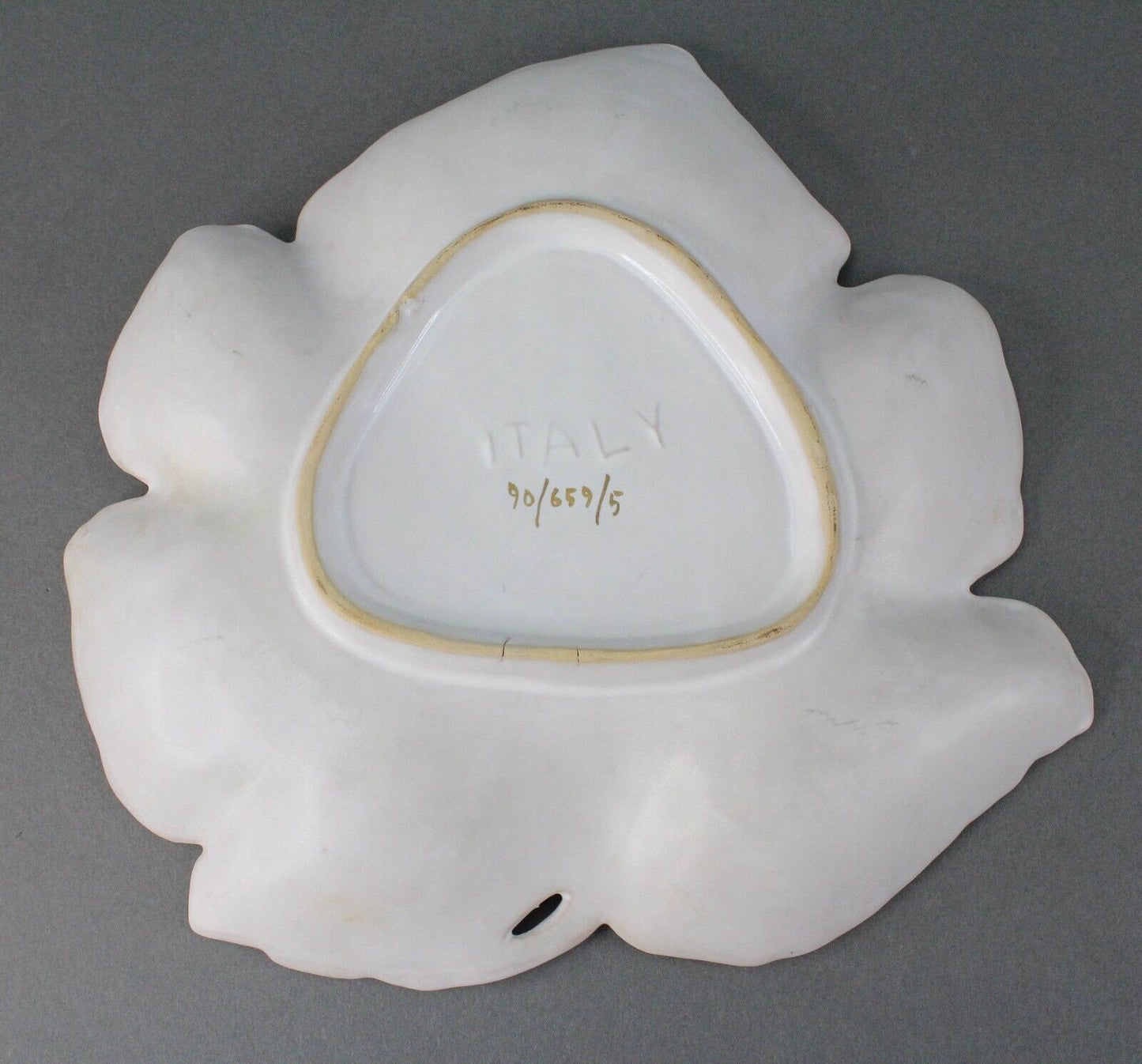 Italian Vintage MCM White Leaf Gold Trim Dish Tray Pottery Signed Italy 90/869/5