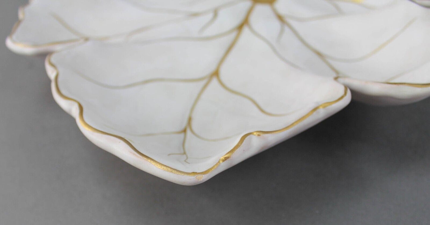 Italian Vintage MCM White Leaf Gold Trim Dish Tray Pottery Signed Italy 90/869/5